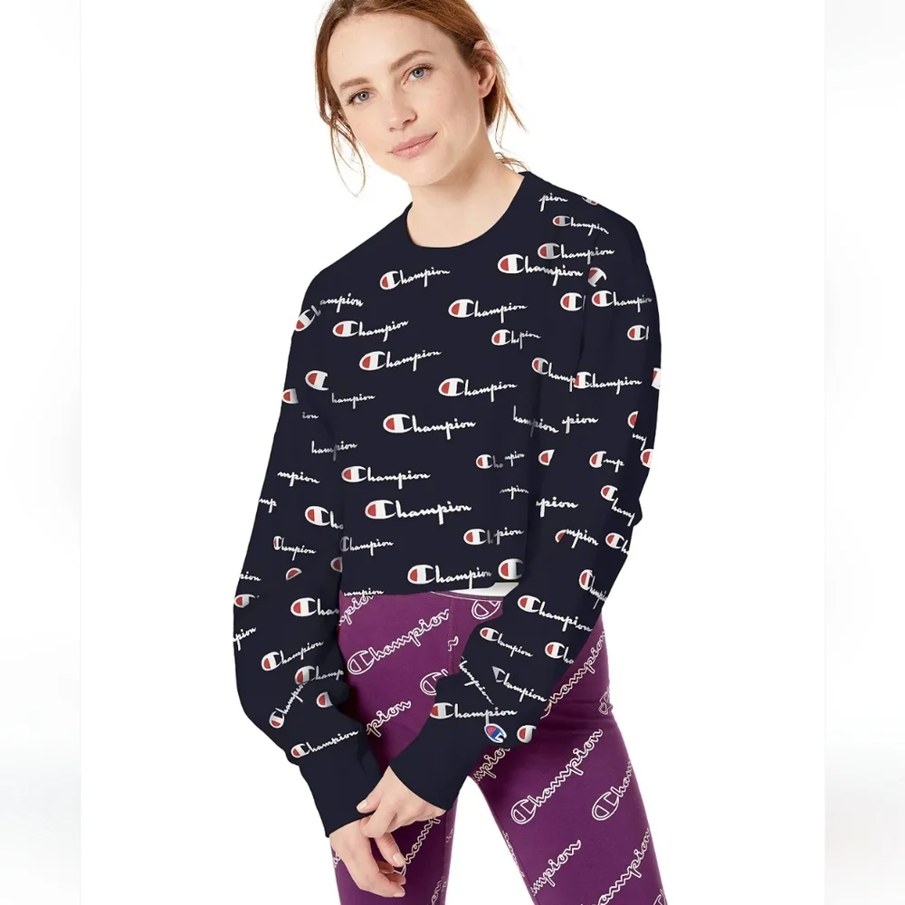 Champion Women Reverse Weave All-over Logo Cropped Cut Off Crewneck - Picture 1 of 9